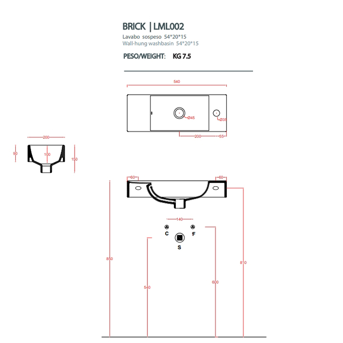 Artceram LAVAMANI BRICK  Раковина подвесная 20х54 см, с 1 отв под смеситель, со слив переливом, цвет