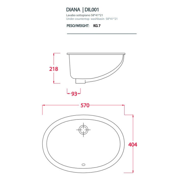 Artceram WASHBASINS DIANA  Раковина встраиваемая снизу 57х40 см, без отв под смеситель, без крепежа