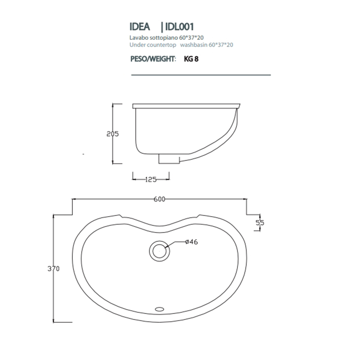 Artceram WASHBASINS IDEA  Раковина встраиваемая снизу 60Х37 см, без отв под смеситель,  без крепежа
