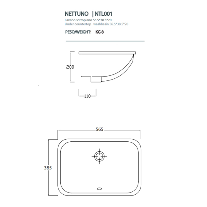 Artceram WASHBASINS NETTUNO  Раковина встраиваемая снизу 56Х38 см, без отв под смеситель,  без крепе