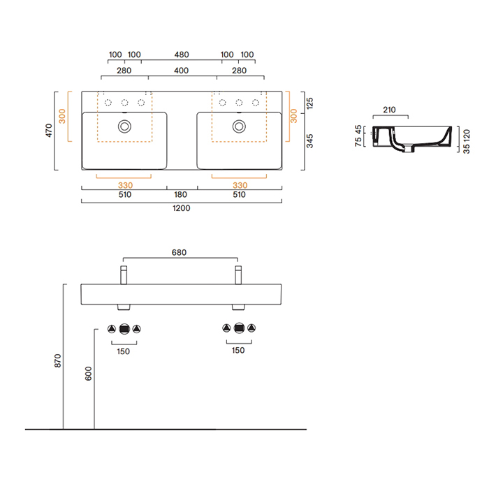 Catalano PREMIUM Раковина 120×47 двойная, без отв. под смеситель, покрытие Cataglaze+, цвет белый гл
