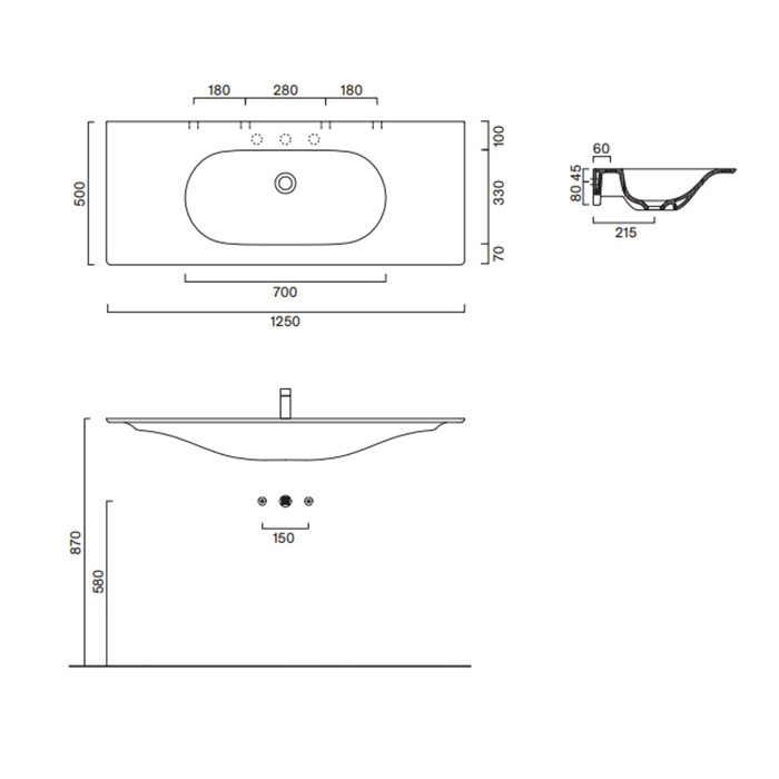 Catalano SFERA Раковина консоль 125×50, без отв. под смеситель, покрытие Cataglaze+, цвет белый глян