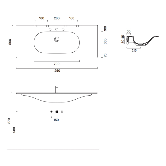 Catalano SFERA Раковина консоль 125×50, без отв. под смеситель, покрытие Cataglaze+, цвет белый мато
