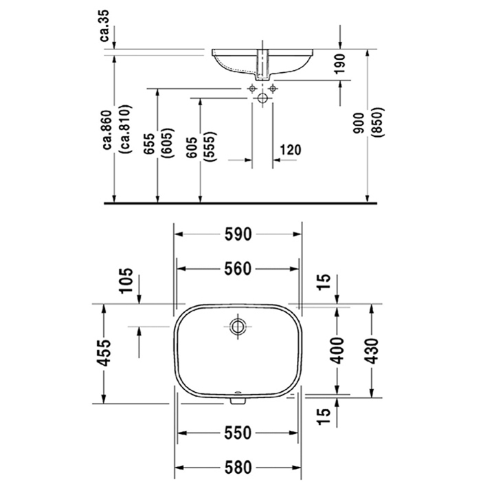 Duravit D-Code Раковина встраиваемая снизу 560×400мм, с перел., включая крепление ,Цвет: Белый (Спец