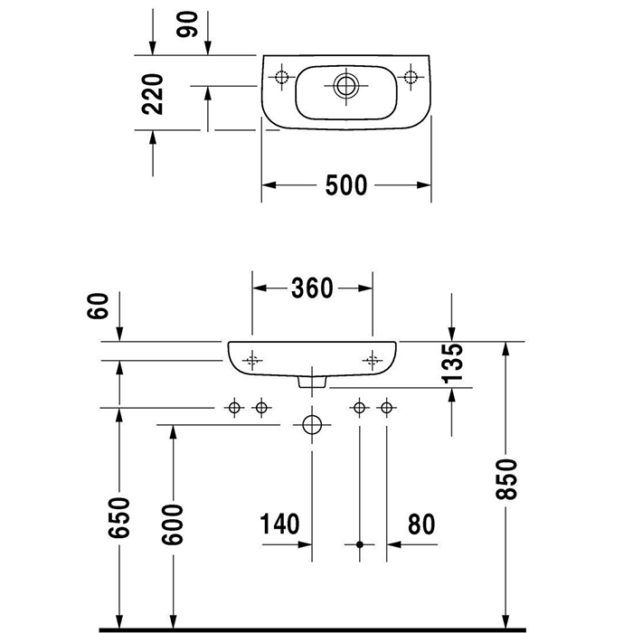Duravit D-Code Раковина для рук с перел., с 1 отв. под смес. справа, 500×220мм, Ццвет: белый (Спец.ц