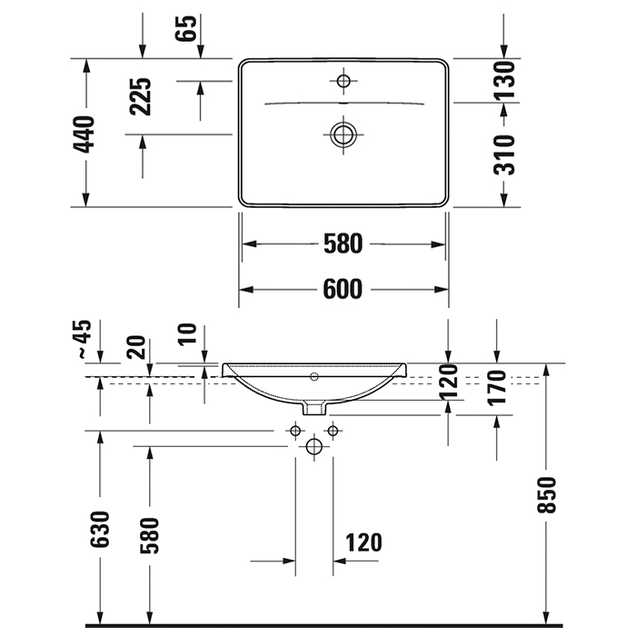 Duravit D-Neo Раковина встраиваемая сверху  600х440  мм,, с переливом, с 1 отв. под смеситель, цвет: