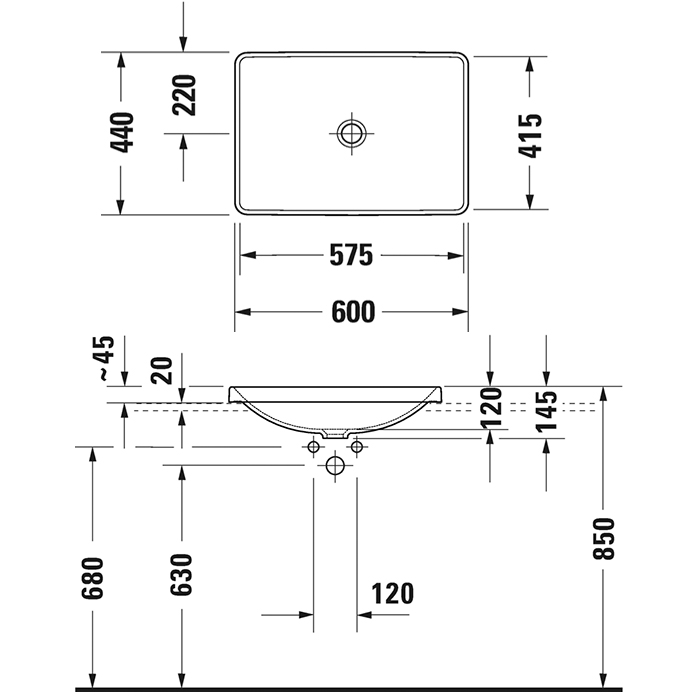 Duravit D-Neo Раковина встраиваемая сверху  600х440 мм, без перелива, без отв. под смеситель, с Wond