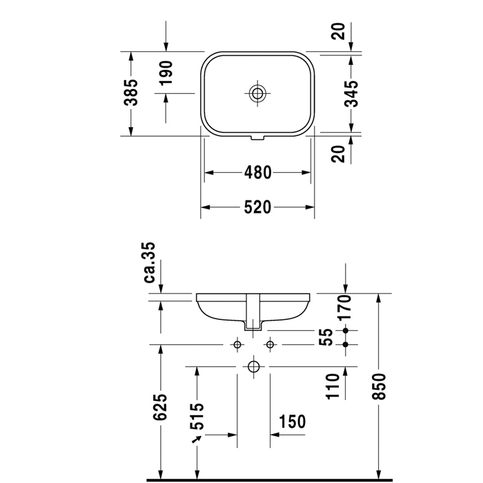 DURAVIT Happy D.2  Раковина встраиваемая снизу 480х345 мм., без отверстия для смесителя, с переливом