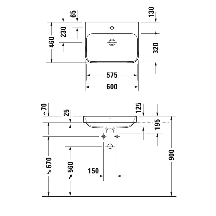 Duravit Happy D.2 Plus Раковина на столешницу 600х460мм с переливом,  с 1м отв. под смеситель,  выпу