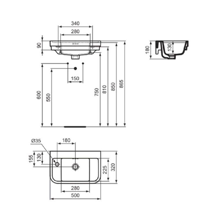 Ideal Standard Calla Раковина 500х320xh180 мм, подвесная, с отв. под смес. слева и переливом, с креп