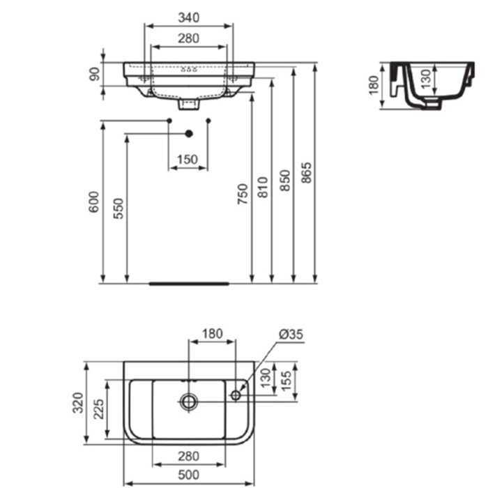 Ideal Standard Calla Раковина 500х320xh180 мм, подвесная, с отв. под смес. справа и переливом, с кре