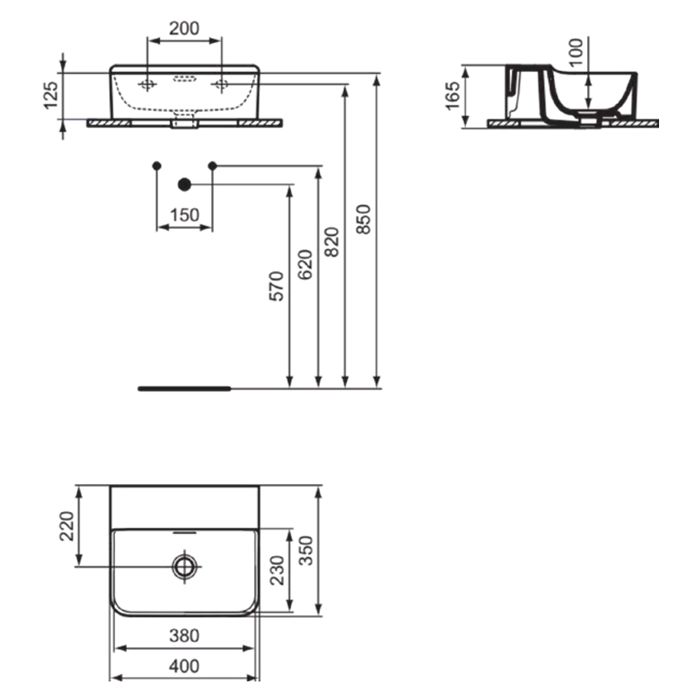 Ideal Standard Conca Раковина 400 x 350 x 165 мм, подвесная/накладная, с переливом без отв. под смес