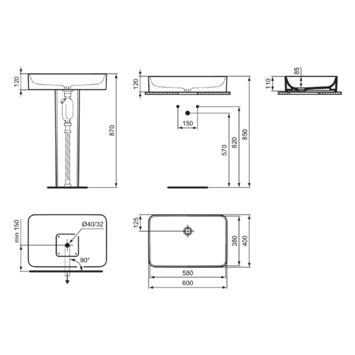 Ideal Standard Conca Раковина 600х400хh120 мм, накладная прямоугольная, без перелива и отв. под смес