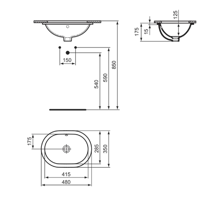 Ideal Standard Connect Раковина 480х350 мм, овальная, встраиваемая снизу без отв. под смес., + крепе
