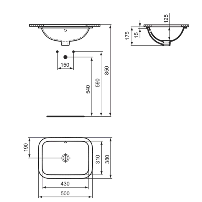 Ideal Standard Connect Раковина 500х380 мм, прямоугольная, встриваемая снизу без отв. под смес., + к