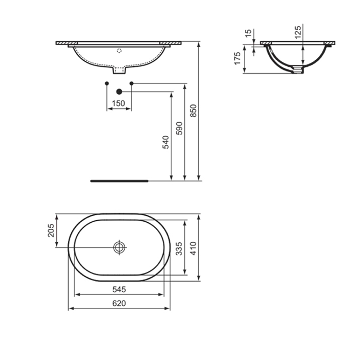 Ideal Standard Connect Раковина 620х410 мм, овальная, встриваемая снизу без отв. под смес., + крепеж