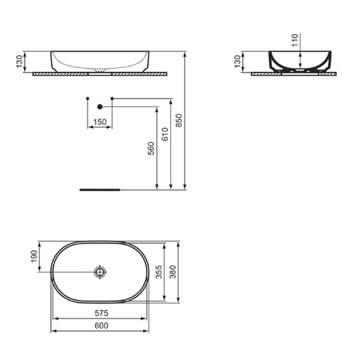 Ideal Standard i.life O Раковина овальная 60х38 см, без отверстия под смеситель, без перелива, цвет: