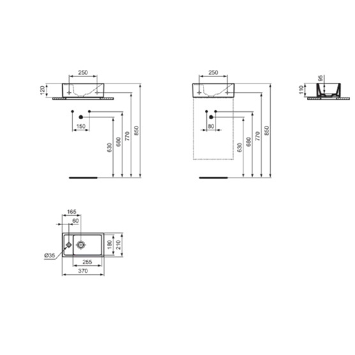 Ideal Standard i.life S Раковина 370х210xh120 мм, подвесная, с отв. под смес. слева, без перелива, б