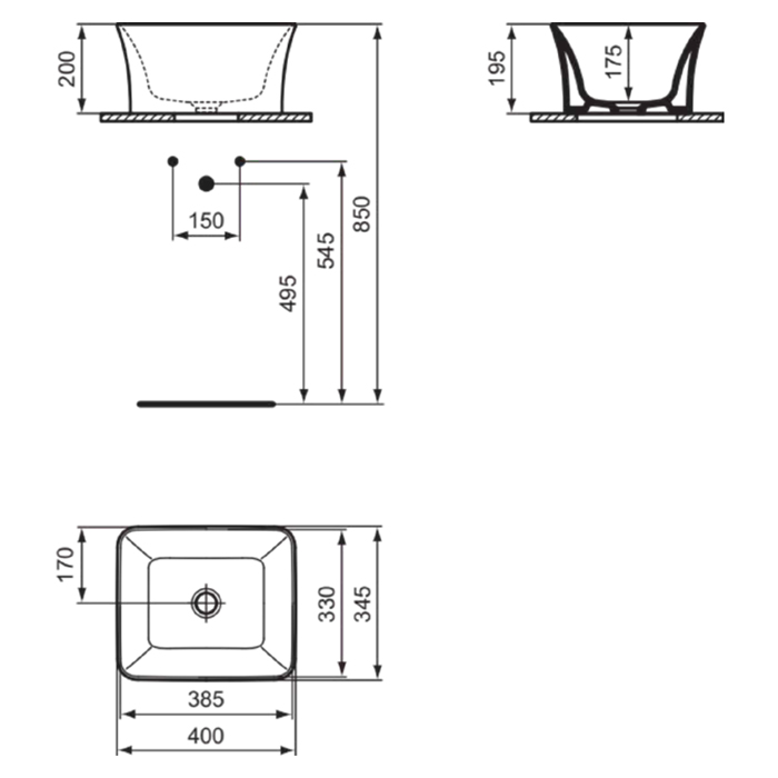 Ideal Standard La Dolce Vita Раковина 400х345хh200 мм, накладная-высокая, без отв. под смес и перели