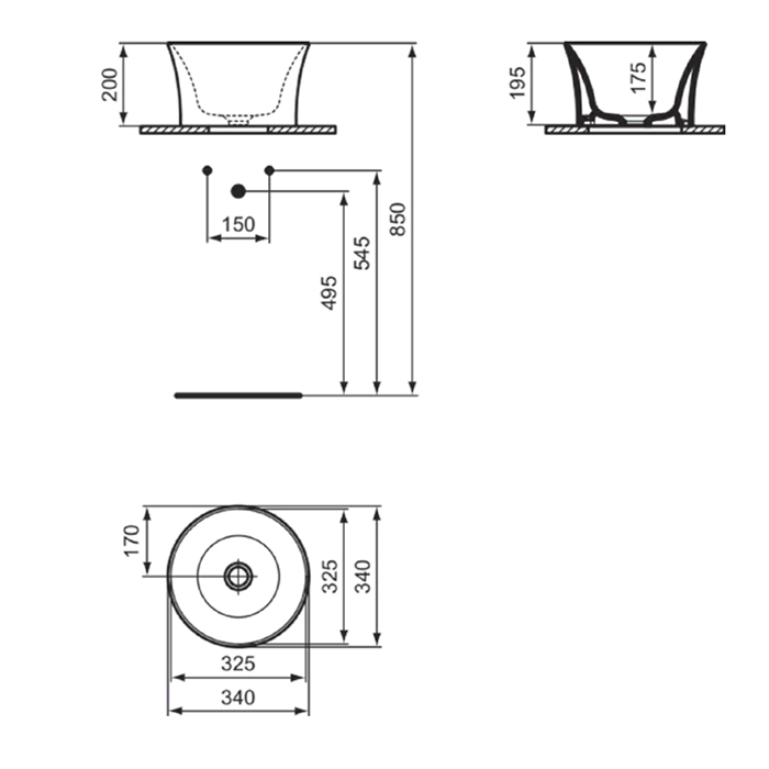 Ideal Standard La Dolce Vita Раковина d340хh200 мм, накладная-высокая, без отв. под смес и перелива,
