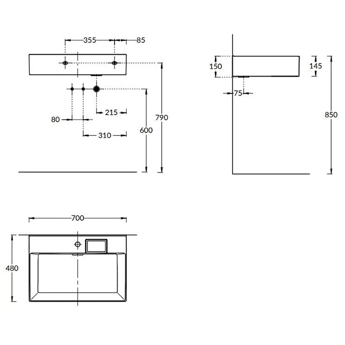 Kerama Marazzi Раковина LOGICA мебельнаяподвесная с одним отверстием 70*48,14,5см,  с 1 отв.под сме