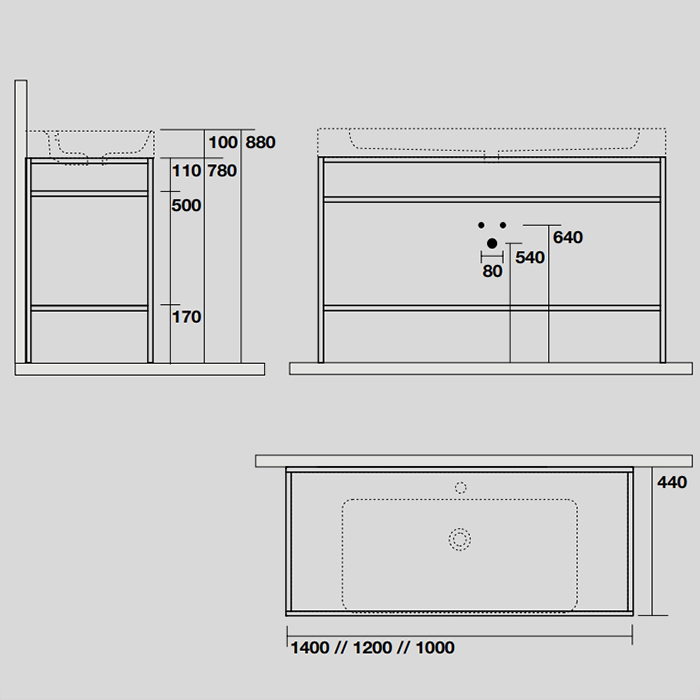 KERASAN Cento раковина двойная140х45 подвесная с 1отв на каждой раковине под смеситель, цвет белый