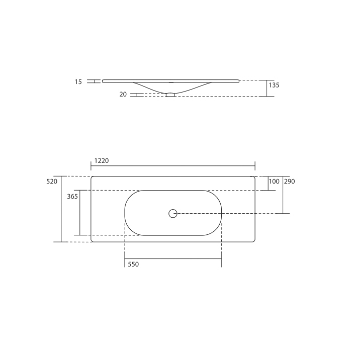 KERASAN SHAPE Раковина керамическая 1220х520 мм., встраиваемая, с 1 отверстием для смесителя, цвет б