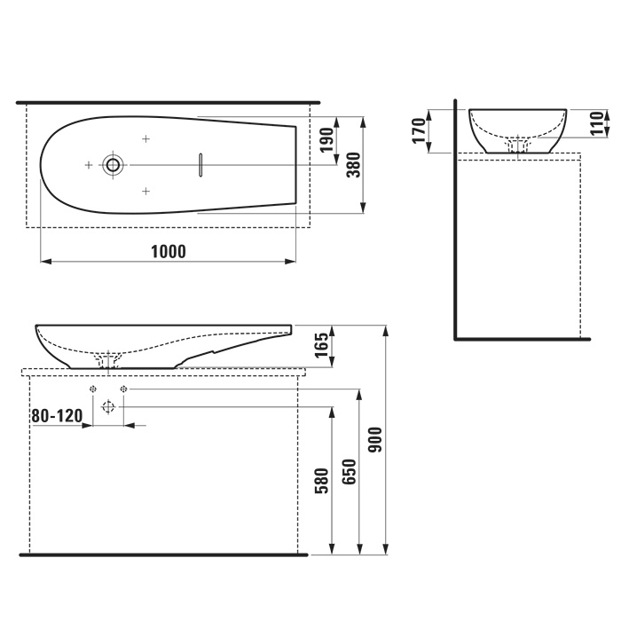 Laufen Alessi One  Раковина-чаша 1000х380х170мм без перелива, без отв. под смеситель, L/R, с крышкой