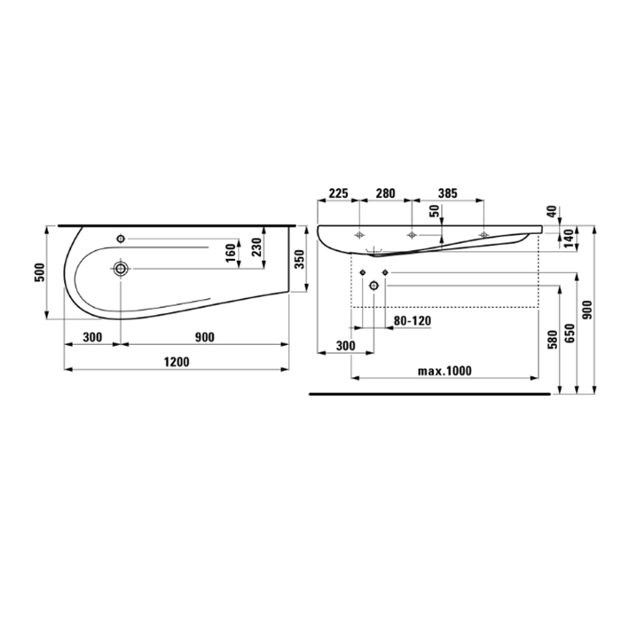 Laufen Alessi One Раковина 1200х500х165мм с 1 отв. под смеситель, полка справа, с покр. LLC, цвет: б