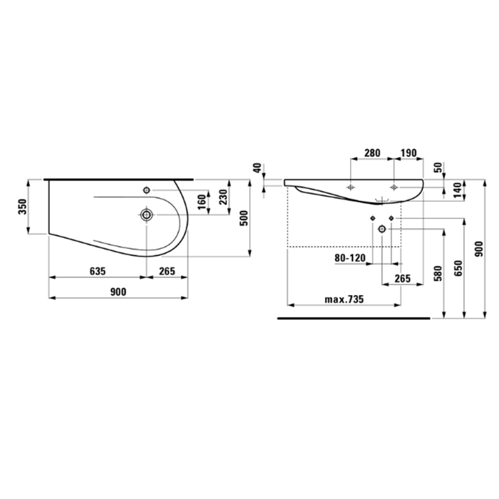 Laufen Alessi One Раковина 900х500х165мм с 1 отв. под смес, полка слева, с покр. LLC, цвет: белый