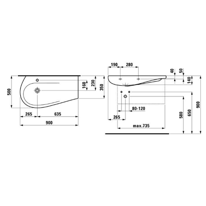 Laufen Alessi One Раковина 900х500х165мм с 1 отв. под смеситель, полка справа, с покр. LLC, цвет: бе