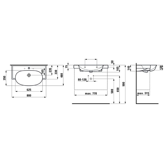 Laufen New Classic Раковина наклад 800х480х75 мм, с 1 отв под смес,с перелив, цвет бел LCC, с покр C