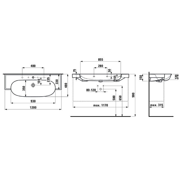 Laufen New Classic Раковина накладная овальная 1200х480х75/165 мм, с 2 отв под смеситель,с переливом