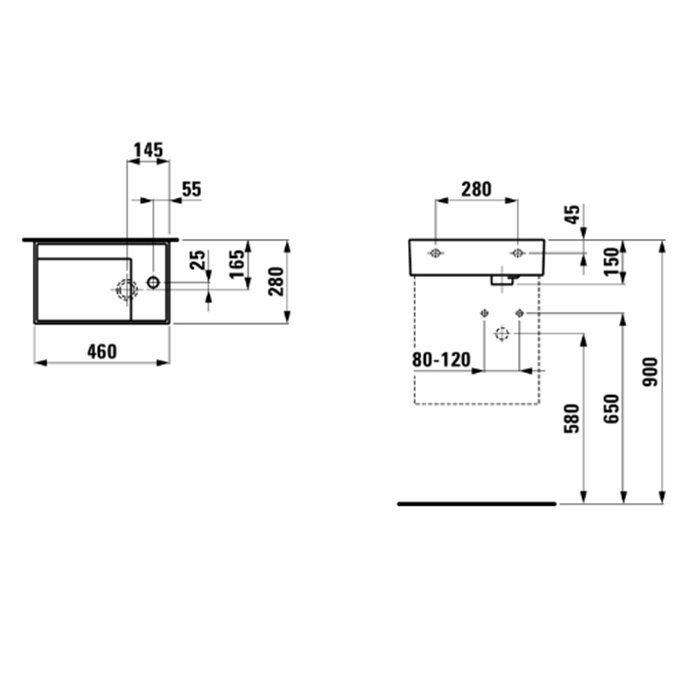 Laufen Kartell Раковина 460х280х120мм без перелива, с 1 отв. под смеситель, со скр сливом, с покр. L
