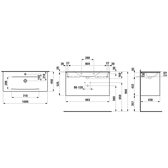 LAUFEN PALACE Комплект мебели 1000х450х545 мм., с раковиной Slim, 2 ящика, органайзер для ящика, руч