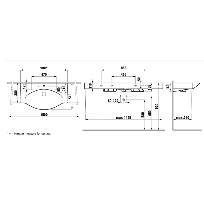 Laufen Palace Раковина 1500x510x110 мм., с 1 отв для смесит, подвесная/накладная, (без полотенцедерж